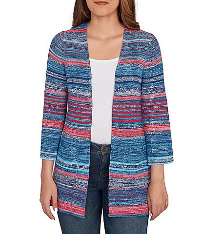 Ruby Rd. Rib Knit Stripe 3/4 Sleeve Pocketed Open-Front Cardigan