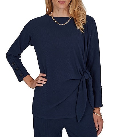 Ruby Rd. Ribbed Knit Boat Neck Long Sleeve Ruched Side Tie Top
