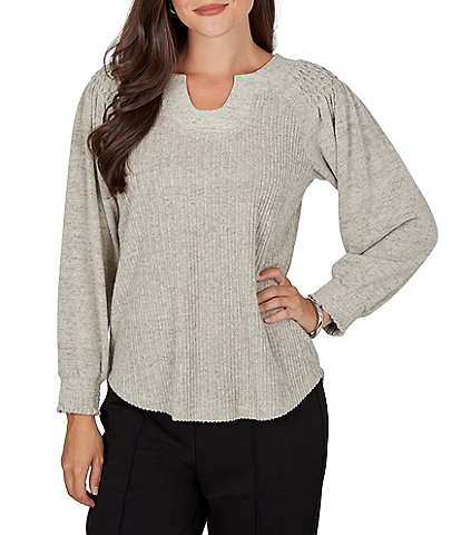 Ruby Rd. Ribbed Knit Horseshoe Neck Long Sleeve Combo Top