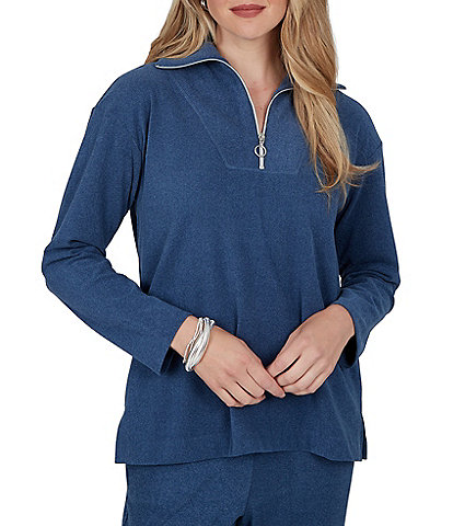 Ruby Rd. Ribbed Knit Portrait Collar Long Sleeve Quarter Zip Pullover