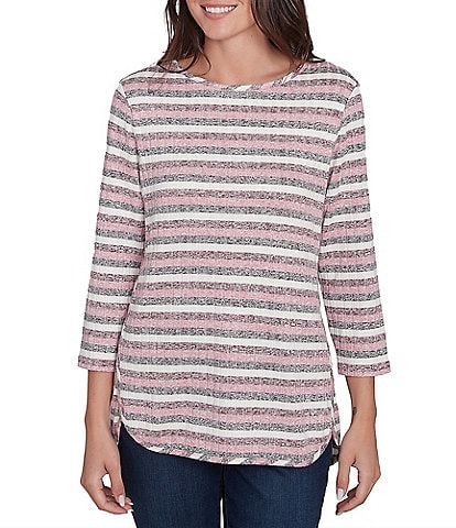 Ruby Rd. Ribbed Knit Stripe Boat Neck 3/4 Sleeve Top