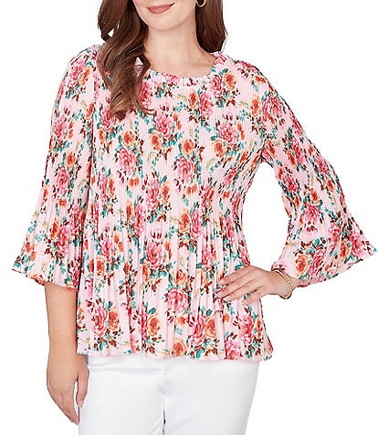 Ruby Rd. Ruffle Scoop Neck 3/4 Bell Sleeve Floral Pleated Top