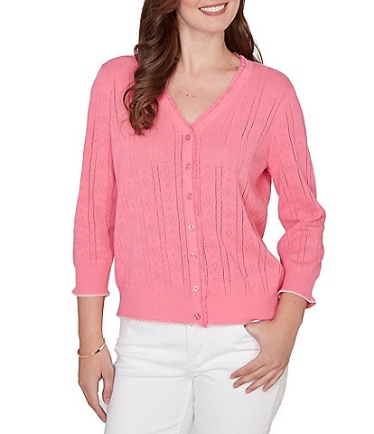 Ruby Rd. Ruffle V-Neck 3/4 Sleeve Button-Front Pointelle Cardigan