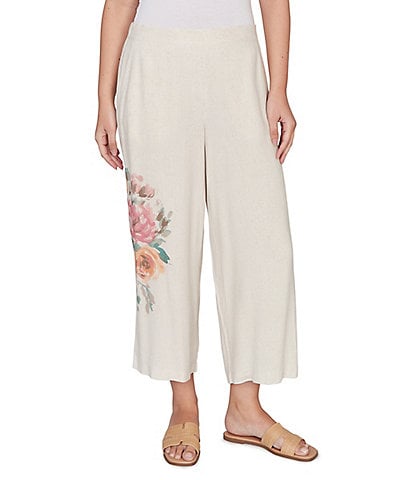Ruby Rd. Sand-Washed Linen Floral Placement Print Wide Leg Pull-On Coordinating Cropped Pants