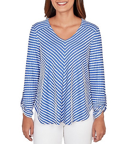 Ruby Rd. Scalloped Stripe V-Neck 3/4 Roll-Tab Sleeve Top