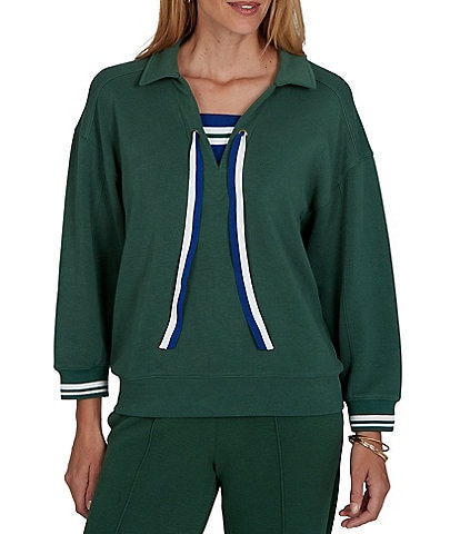 Ruby Rd. Coordinating Scuba Pique Point Collar 3/4 Sleeve Stripe Trim Pullover