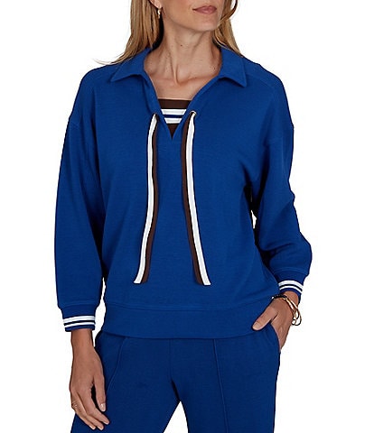 Ruby Rd. Coordinating Scuba Pique Point Collar 3/4 Sleeve Stripe Trim Pullover