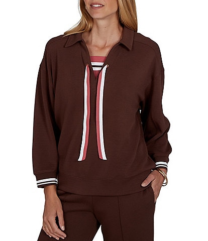 Ruby Rd. Coordinating Scuba Pique Point Collar 3/4 Sleeve Stripe Trim Pullover