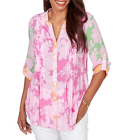Ruby Rd. Silky Gauze Color Block Floral Split V-Neck Roll-Tab Sleeve Button Front Blouse