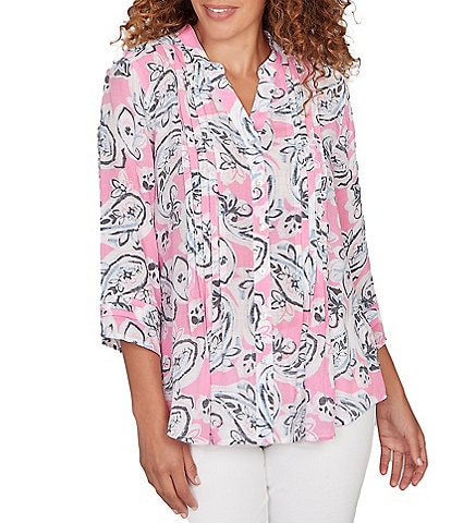 Ruby Rd. Silky Gauze Paisley Split V-Neck 3/4 Sleeve Button Front Top