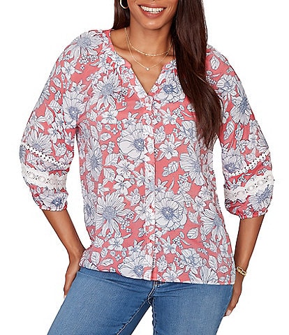 Ruby Rd. Silky Gauze Woven Floral Split V-Neck 3/4 Lace Inset Sleeve Blouse