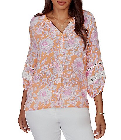 Ruby Rd. Silky Gauze Woven Floral Split V-Neck 3/4 Sleeve Button-Front Blouse