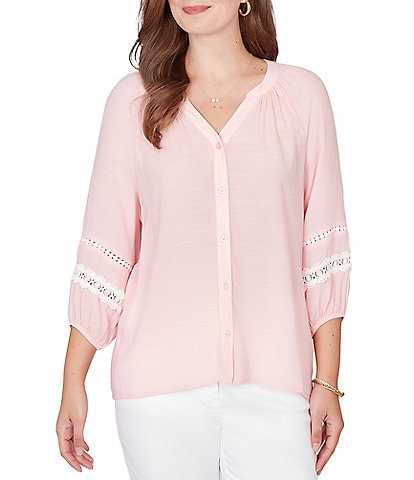 Ruby Rd. Silky Gauze Woven Split V-Neck 3/4 Sleeve Lace Trim Button-Front Peasant Blouse
