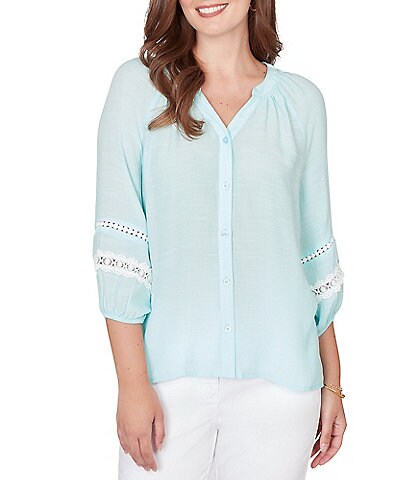Ruby Rd. Silky Gauze Woven Split V-Neck 3/4 Sleeve Lace Trim Button-Front Peasant Blouse