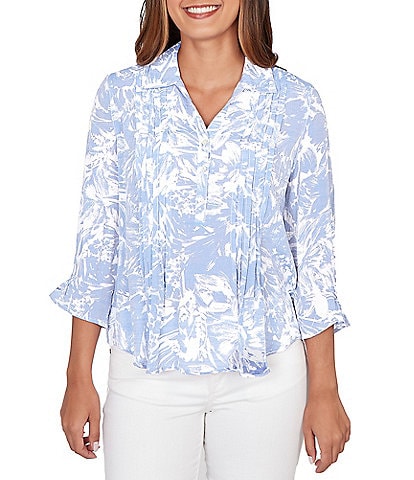 Ruby Rd. Silky Slub Woven Brushstroke Floral Collared V-Neck 3/4 Sleeve Partial Button Front Top
