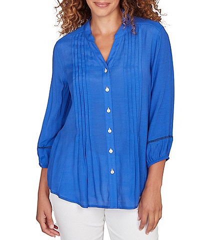 Ruby Rd. Silky Slub Woven Split V-Neck 3/4 Sleeve Button Front Top