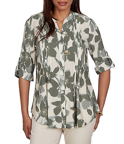Ruby Rd. Silky Voile Shadow Floral Split V-Neck 3/4 Sleeve Pleated Button Front Shirt