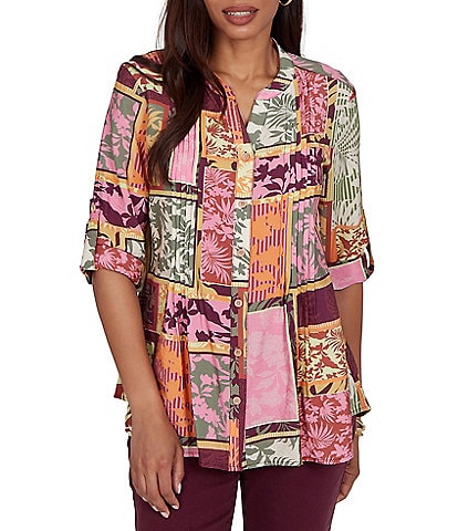 Ruby Rd. Silky Voile Woven Patchwork Tropical Print Split V-Neck 3/4 Roll-Tab Sleeve Button Front Shirt