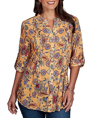 Ruby Rd. Slub Jersey Floral Vines Split V-Neck Elbow Roll-Tab Sleeve Button-Front Shirt