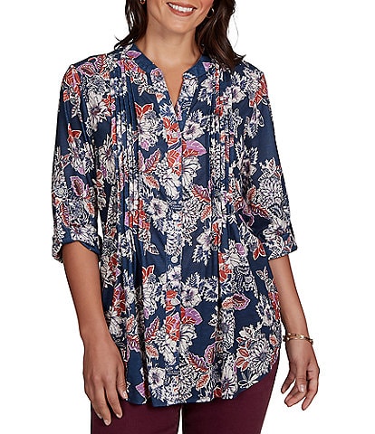 Ruby Rd. Slub Jersey Kensington Inspired Floral Split V-Neck Elbow Roll-Tab Sleeve Button-Front Shirt