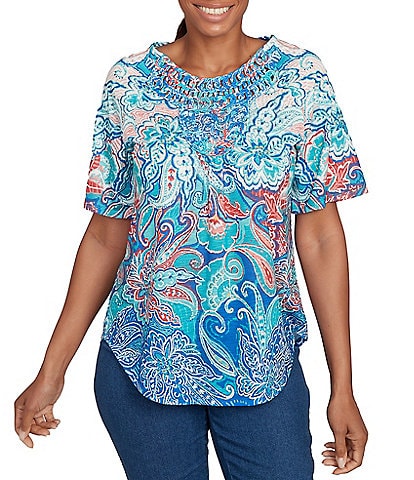 Ruby Rd. Slub Jersey Knit Paisley Border Print Scoop Neck Short Sleeve Tee