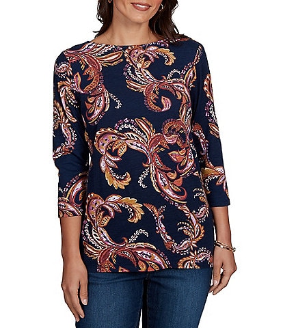 Ruby Rd. Slub Knit Paisley Boat Neck 3/4 Sleeve Top