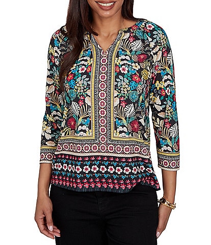Ruby Rd. Slub Knit Vibrant Paradise-Inspired Split V-Neck Cuffed 3/4 Sleeve Top