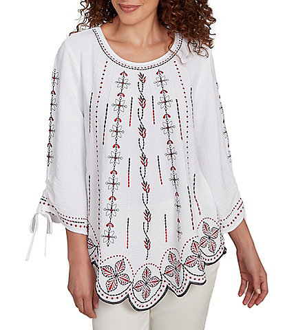 Ruby Rd. Soft Crepe Gauze Embroidered Scoop Neck 3/4 Tie Sleeve Top