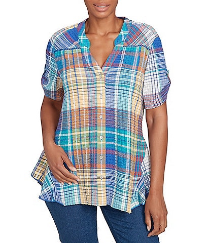Ruby Rd. Soft Crinkle Plaid Y-Neck Short Button-Tab Sleeve Button Front Shirt