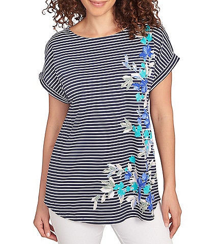 Ruby Rd. Soft Jersey Knit Floral Stripe Boat Neck Short Cuff Sleeve Top