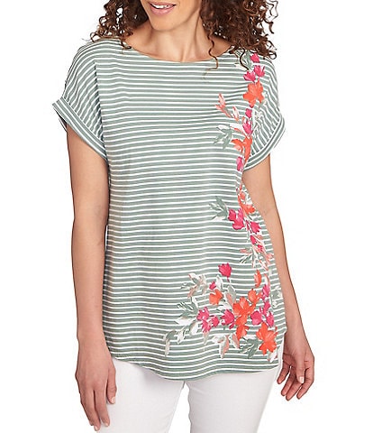 Ruby Rd. Soft Jersey Knit Floral Stripe Boat Neck Short Cuff Sleeve Top