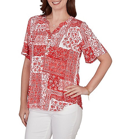 Ruby Rd. Soft Knit Patchwork Print Split V-Neck Short Sleeve Tee Top