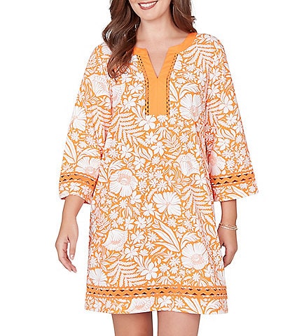 Ruby Rd. Soft Knit Tropical Print Split Round Neck 3/4 Sleeve Shift Dress