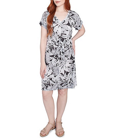 Ruby Rd. Soft Slub Jersey Batik Leaf Print V-Neck Short Sleeve Tie-Front Sheath Dress