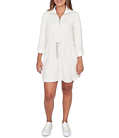 Ruby Rd. Soft Speckled Knit Drawstring Waist Quarter-Zip Dress
