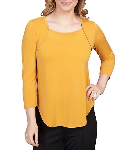 Ruby Rd. Solid Crepe Knit Gathered Scoop Neck 3/4 Sleeve Top