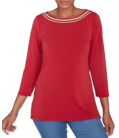 Ruby Rd. Solid Embellished Boat Neck 3/4 Sleeve Knit Top