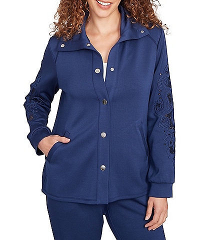 Ruby Rd. Solid Scuba Open Floral Cut-Out Embroidered Long Sleeve Snap-Front Jacket
