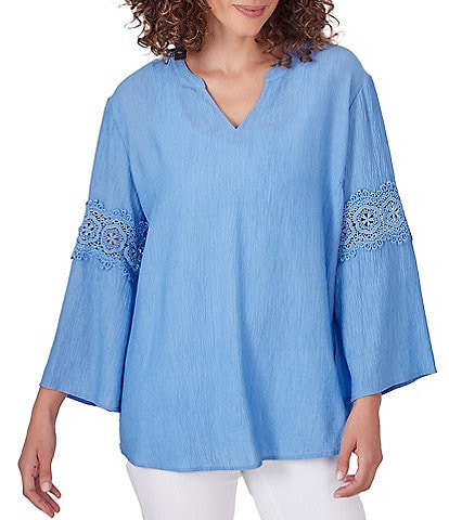 Ruby Rd. Solid Split V-Neck 3/4 Lace Inset Bell Sleeve Top