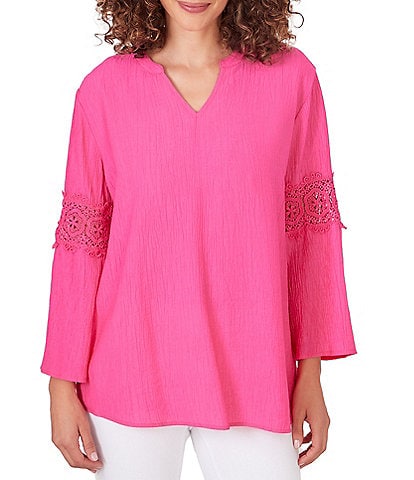 Ruby Rd. Solid Split V-Neck 3/4 Lace Inset Bell Sleeve Top