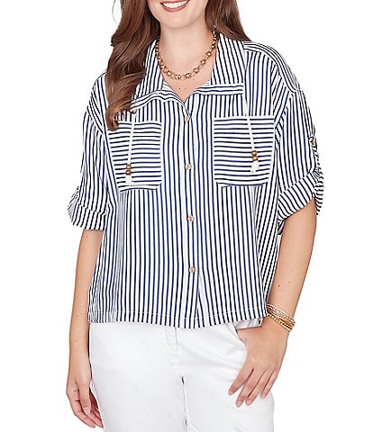 Ruby Rd. Spliced Stripe Spread Collar 3/4 Roll-Tab Sleeve Button-Front Jacket
