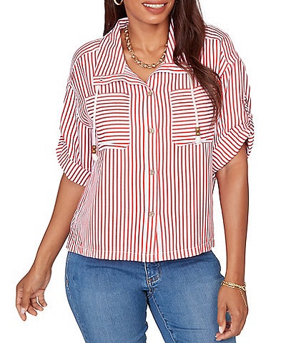 Ruby Rd. Spliced Stripe Spread Collar 3/4 Roll-Tab Sleeve Button-Front Jacket