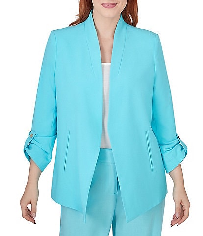 Ruby Rd. Stand Collar Long Roll-Tab Sleeve Open-Front Jacket