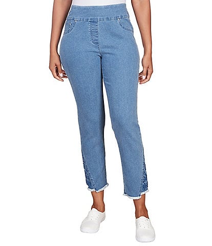 Ruby Rd. Stretch Denim Eyelet Embroidered Frayed Hem Pull-On Ankle Pants