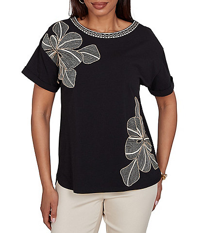 Ruby Rd. Stretch Knit Embroidered Floral Boat Neck Short Sleeve Tee