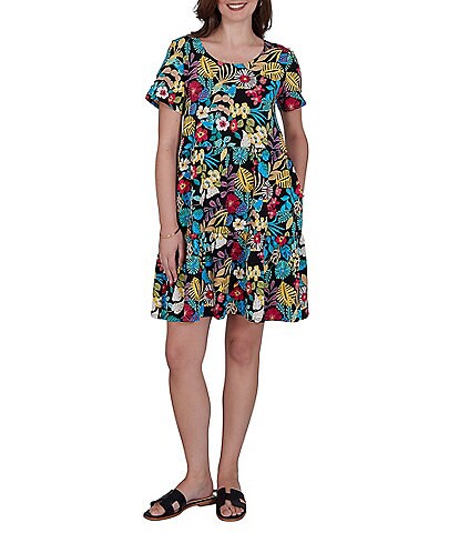 Ruby Rd. Stretch Knit Vibrant Tropical Scoop Neck Short Sleeve Tiered Dress