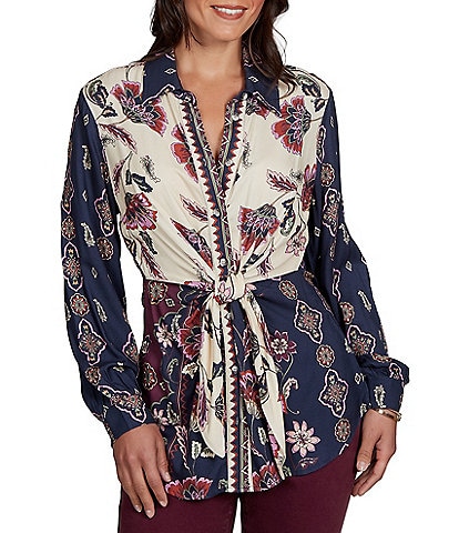 Ruby Rd. Stretch Twill Garden Floral Point Collar Long Sleeve Button Front Shirt