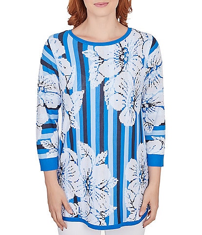 Ruby Rd. Stripe Floral Placement Print Scoop Neck 3/4 Sleeve Pullover Top