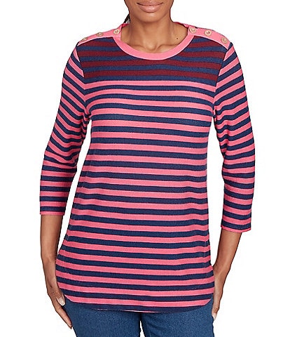 Ruby Rd. Striped Hatchi Knit Crew Neck 3/4 Sleeve Top