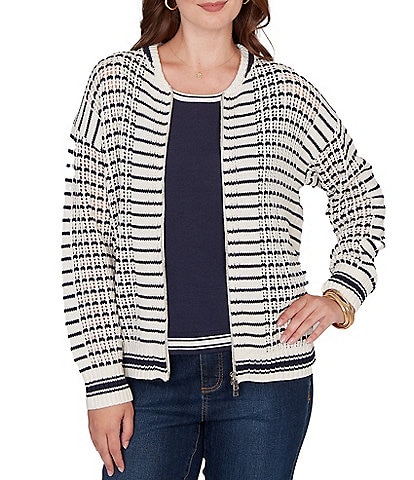 Ruby Rd. Striped Ribbed Long Sleeve Mesh Zip-Up Sweater